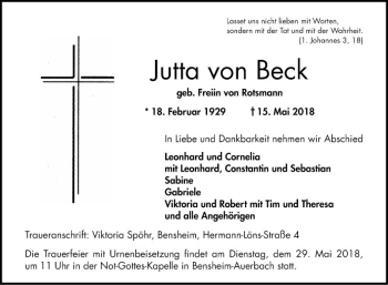 Traueranzeige von Jutta von Beck von Bergsträßer Anzeiger