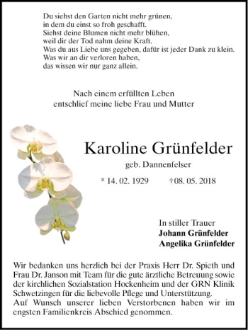 Traueranzeige von Karoline Grünfelder von Schwetzinger Zeitung