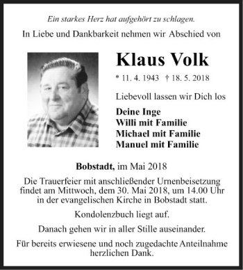 Traueranzeige von Klaus Volk von Fränkische Nachrichten