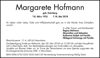 Traueranzeige von Margarete Hofmann von Mannheimer Morgen