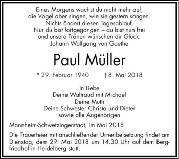 Traueranzeige von Paul Müller von Mannheimer Morgen