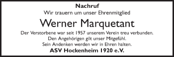 Traueranzeige von Werner Marquetant von Schwetzinger Zeitung