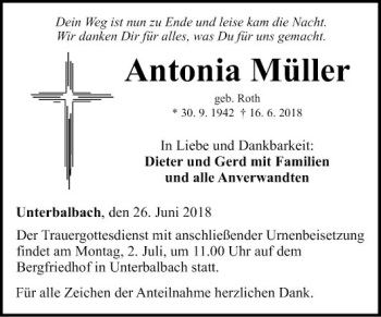 Traueranzeige von Antonia Müller von Fränkische Nachrichten