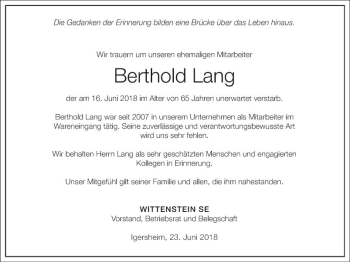 Traueranzeige von Berthold Lang von Fränkische Nachrichten