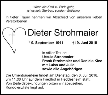 Traueranzeige von Dieter Strohmaier von Mannheimer Morgen