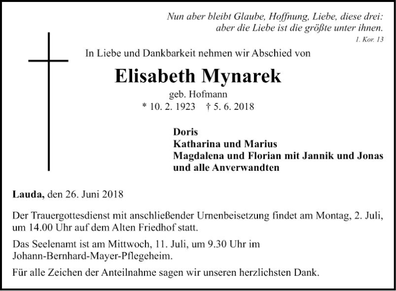  Traueranzeige für Elisabeth Mynarek vom 26.06.2018 aus Fränkische Nachrichten
