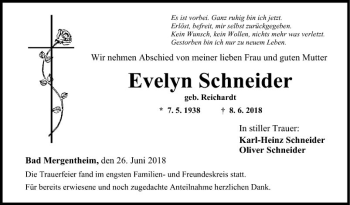 Traueranzeige von Evelyn Schneider von Fränkische Nachrichten