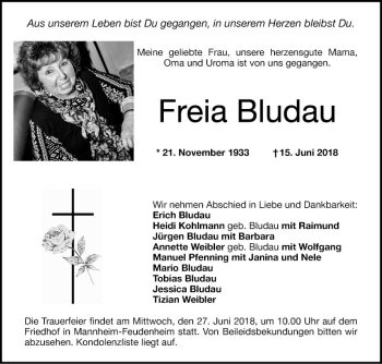 Traueranzeige von Freia Bludau von Mannheimer Morgen