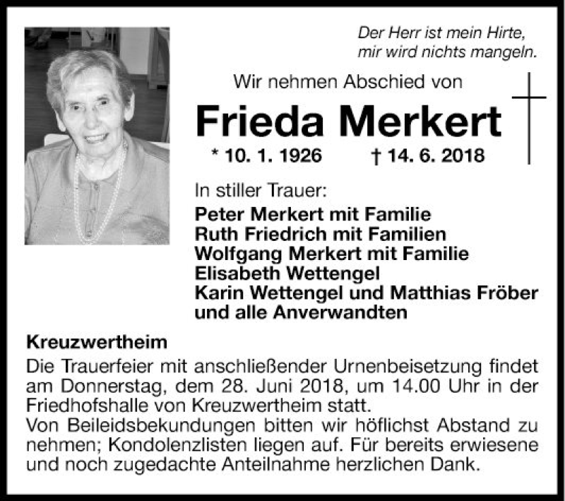  Traueranzeige für Frieda Merkert vom 25.06.2018 aus Fränkische Nachrichten