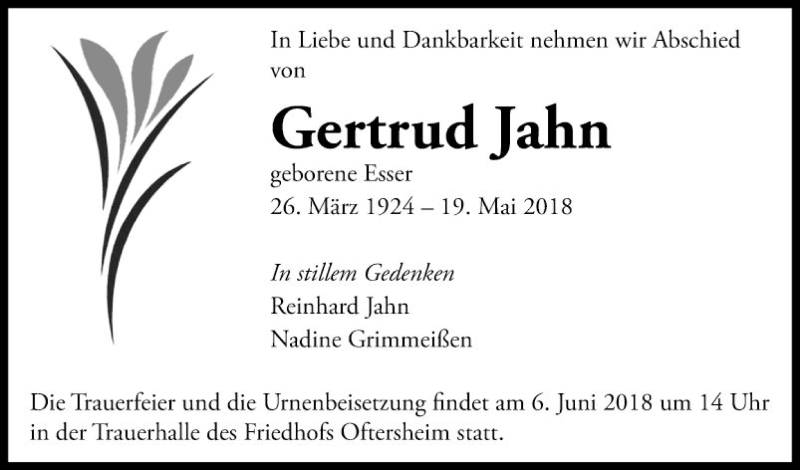  Traueranzeige für Gertrud Jahn vom 04.06.2018 aus Schwetzinger Zeitung