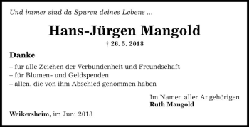 Traueranzeige von Hans-Jürgen Mangold von Fränkische Nachrichten