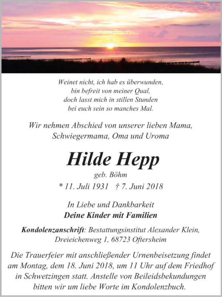  Traueranzeige für Hilde Hepp vom 14.06.2018 aus Schwetzinger Zeitung