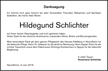 Traueranzeige von Hildegund Schlichter von Schwetzinger Zeitung
