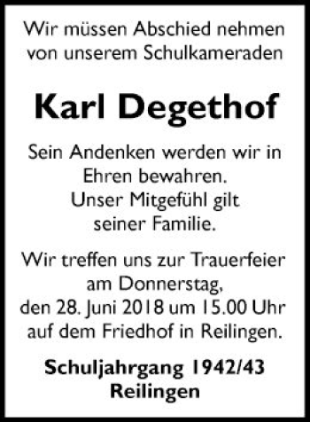 Traueranzeige von Karl Degethof von Schwetzinger Zeitung