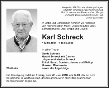 Traueranzeige von Karl Schreck von Fränkische Nachrichten