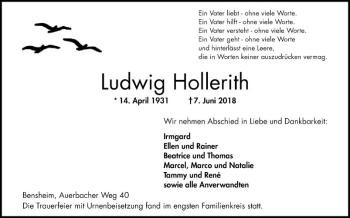 Traueranzeige von Ludwig Hollerith von Bergsträßer Anzeiger
