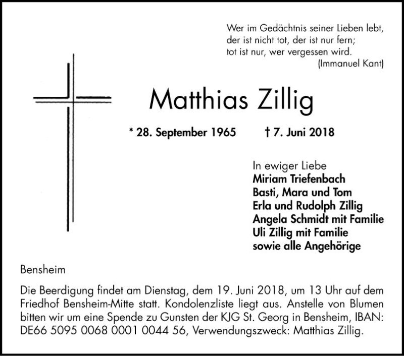  Traueranzeige für Matthias Zillig vom 13.06.2018 aus Bergsträßer Anzeiger