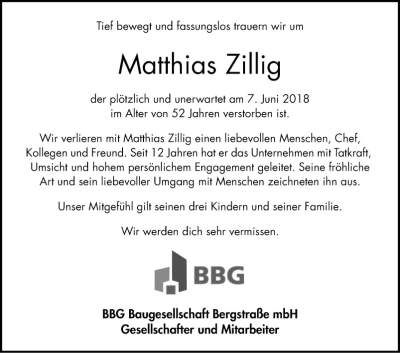 Traueranzeige für Matthias Zillig vom 14.06.2018 aus Bergsträßer Anzeiger
