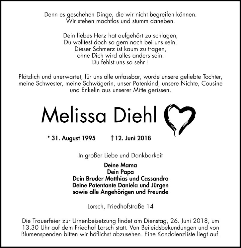  Traueranzeige für Melissa Diehl vom 22.06.2018 aus Bergsträßer Anzeiger
