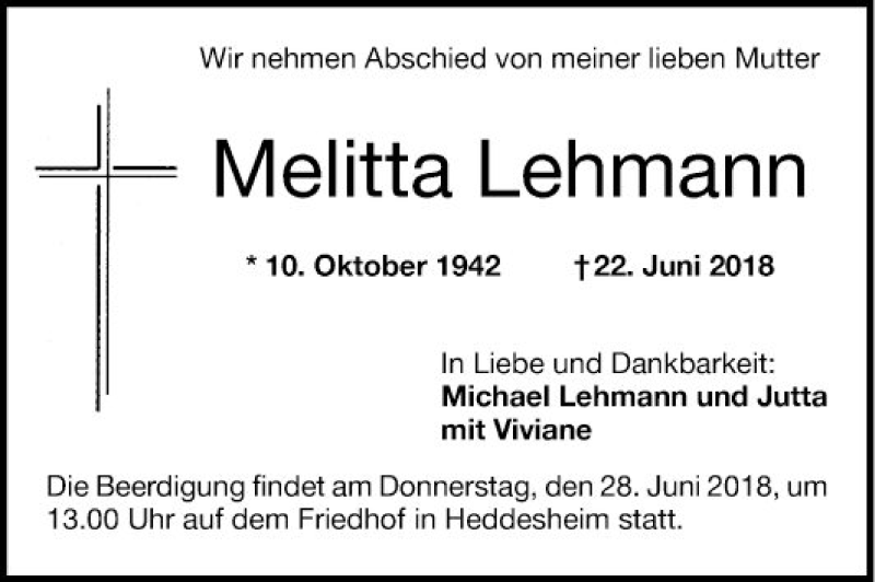  Traueranzeige für Melitta Lehmann vom 26.06.2018 aus Mannheimer Morgen
