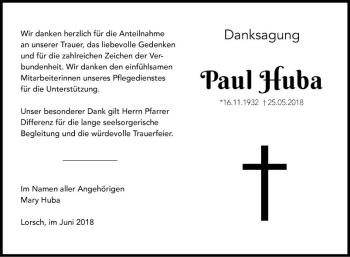 Traueranzeige von Paul Huba von Bergsträßer Anzeiger