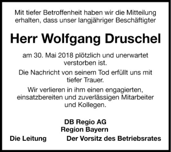 Traueranzeige von Wolfgang Druschel von Fränkische Nachrichten