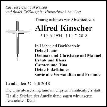 Traueranzeige von Alfred Kinscher von Fränkische Nachrichten