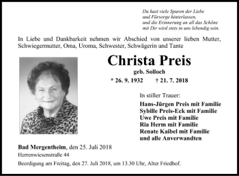 Traueranzeige von Christa Preis von Fränkische Nachrichten