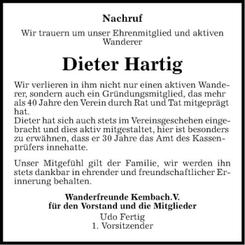 Traueranzeige von Dieter Hartig von Fränkische Nachrichten
