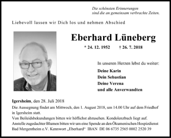 Traueranzeige von Eberhard Lüneberg von Fränkische Nachrichten