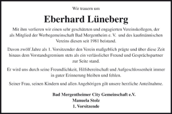 Traueranzeige von Eberhard Lüneberg von Fränkische Nachrichten