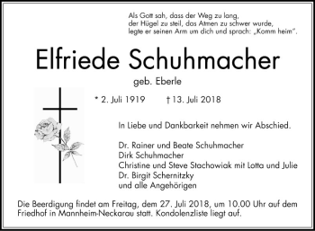 Traueranzeige von Elfriede Schuhmacher von Mannheimer Morgen