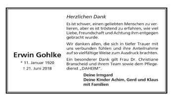 Traueranzeige von Erwin Gohlke von Mannheimer Morgen