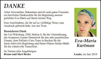 Traueranzeige von Eva-Maria Kurtman von Fränkische Nachrichten