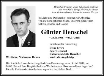 Traueranzeige von Günter Henschel von Fränkische Nachrichten