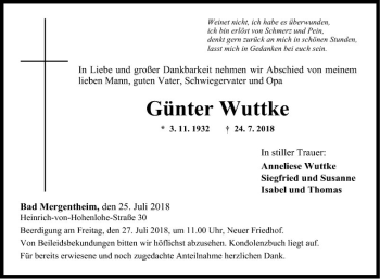 Traueranzeige von Günter Wuttke von Fränkische Nachrichten