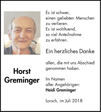 Traueranzeige von Horst Greminger von Bergsträßer Anzeiger