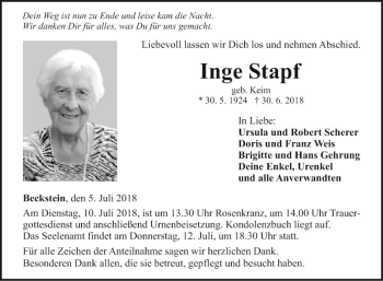 Traueranzeige von Inge Stapf von Fränkische Nachrichten