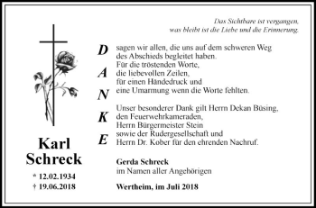 Traueranzeige von Karl Schreck von Fränkische Nachrichten