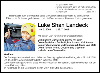 Traueranzeige von Luke Shan Landeck von Fränkische Nachrichten