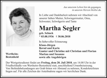 Traueranzeige von Martha Segler von Fränkische Nachrichten