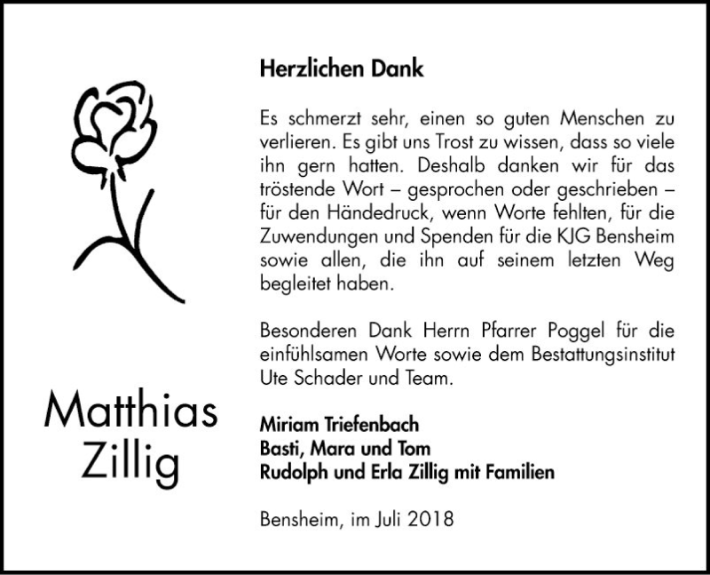  Traueranzeige für Matthias Zillig vom 07.07.2018 aus Bergsträßer Anzeiger