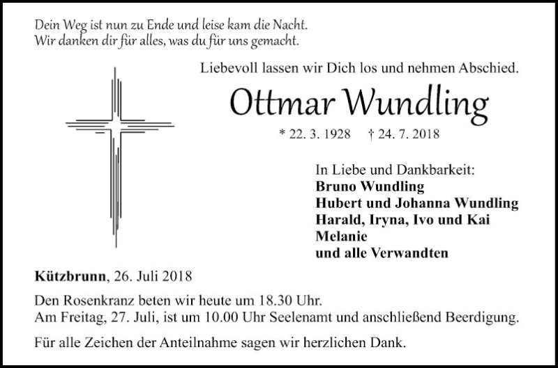  Traueranzeige für Ottmar Wundling vom 26.07.2018 aus Fränkische Nachrichten