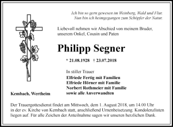 Traueranzeige von Philipp Segner von Fränkische Nachrichten