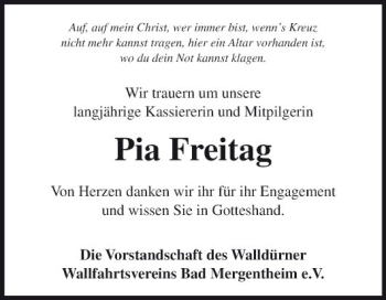 Traueranzeige von Pia Freitag von Fränkische Nachrichten