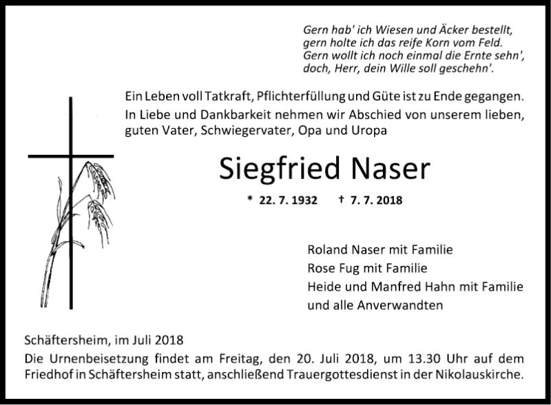  Traueranzeige für Siegfried Naser vom 17.07.2018 aus Fränkische Nachrichten