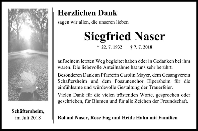  Traueranzeige für Siegfried Naser vom 31.07.2018 aus Fränkische Nachrichten