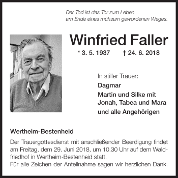 Traueranzeige von Winfried Faller von Fränkische Nachrichten