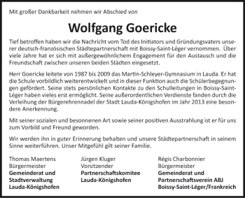 Traueranzeige von Wolfgang Goericke von Fränkische Nachrichten