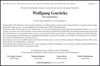 Traueranzeige von Wolfgang Goericke von Fränkische Nachrichten
